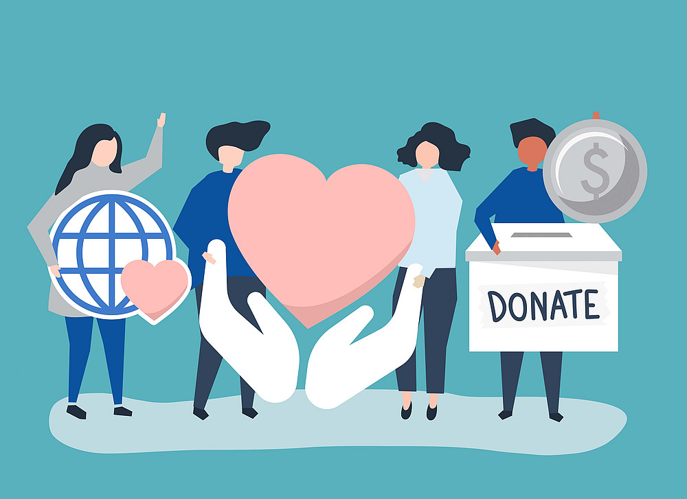 Four people carry different things, a globe, a heart and a donation box ©rawpixel.com - Freepik.com