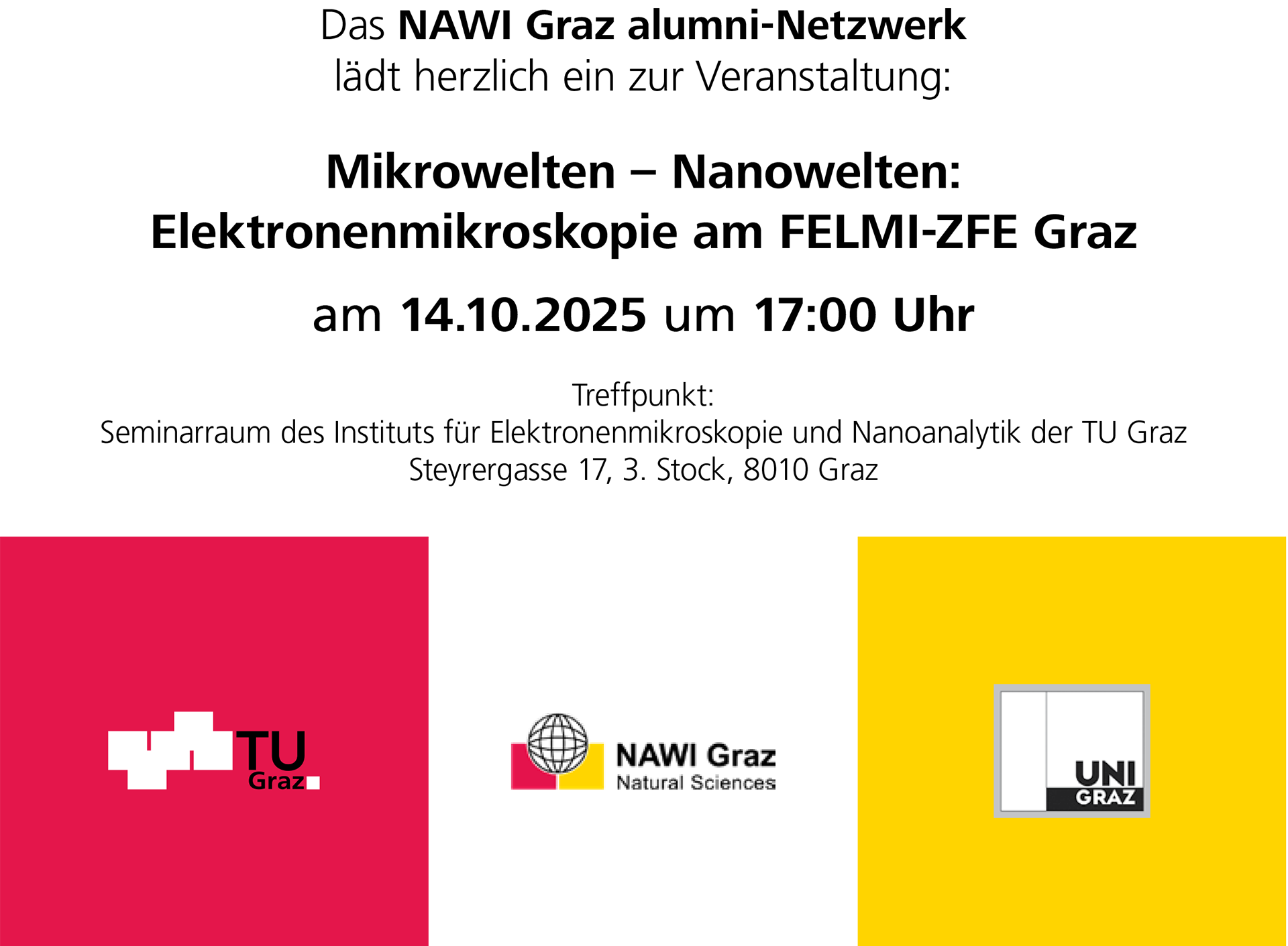 Einladungstext mit Logos Uni Graz & TU Graz & NAWI Graz 