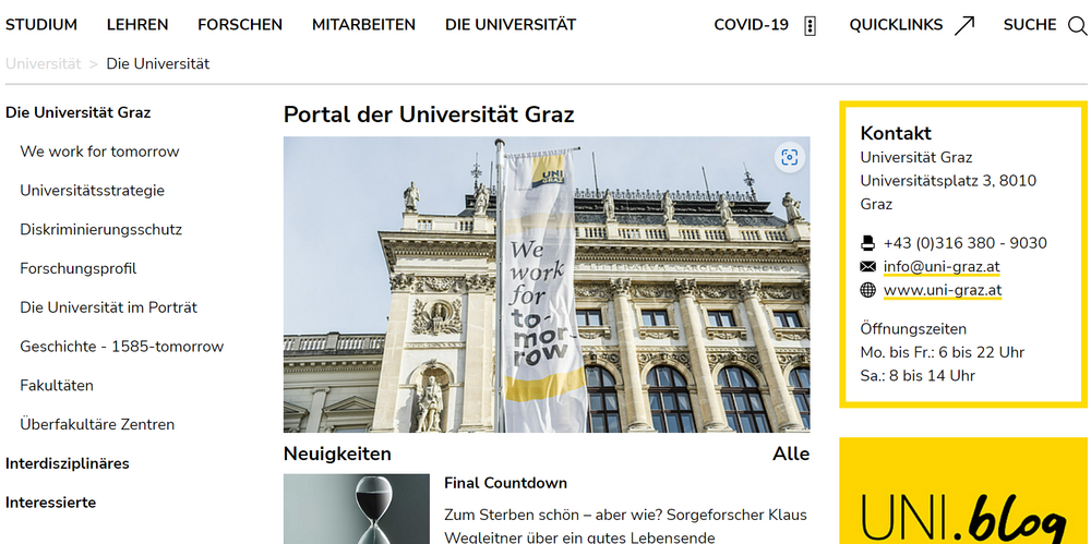 Screenshot der Uni Graz Webseite im alten Design, Typo3 Support Uni Graz ©Uni Graz