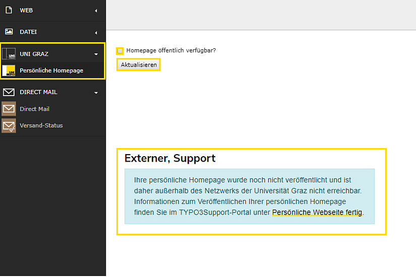 Backend Aufnahme - Modul Uni Graz - Persönliche Homepage 