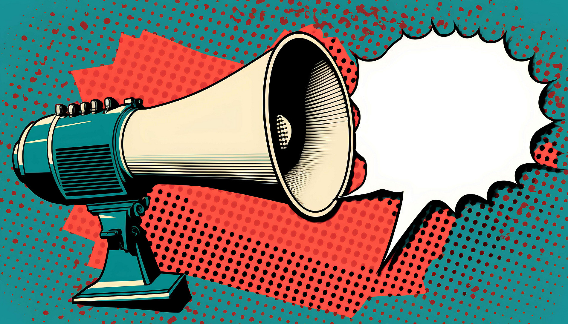 Comic illustration, dotted turquoise-red background, megaphone on the left in the picture and white speech bubble on the right without text ©TensorSpark - stock.adobe.com