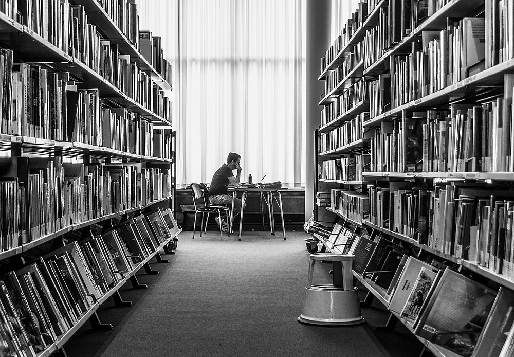 Studierende Person arbeitet an Laptop in Bibliothek neben großen Bücherreggalen. ©pixabay wal_172619