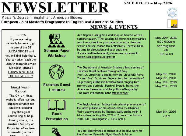 monthly newsletter of the european joint masters programme in english and american studies at the university of graz may 2026 ©Uni Graz / Department of English Studies