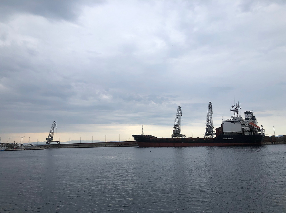 Das Foto zeigt ein Frachtschiff, das in einem Hafen vor Anker liegt, mit zwei Kränen im Hintergrund und einem bewölkten Himmel. Das Wasser ist ruhig und spiegelt das Schiff und die Kräne wider. ©Milka Car