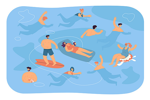 Illustration einer Gruppe von Personen, die sich bei Hitze im Wasser abkühlen und Spaß dabei haben