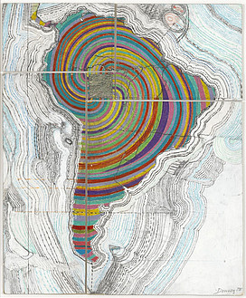 Juan Downey, Map of America, 1975. Colored pencil, pencil and acrylic on map on board, 86.7 x 51.4 cm. Courtesy of Juan Downy / Museum of Modern Art, New York. 