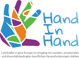 Logo Hand in Hand (Bunte Hand) mit Text Lehrkräfte in ganz Europa im Umgang mit sozialen, emotionalen und diversitätsbedingten beruflichen Herausforderungen stärken