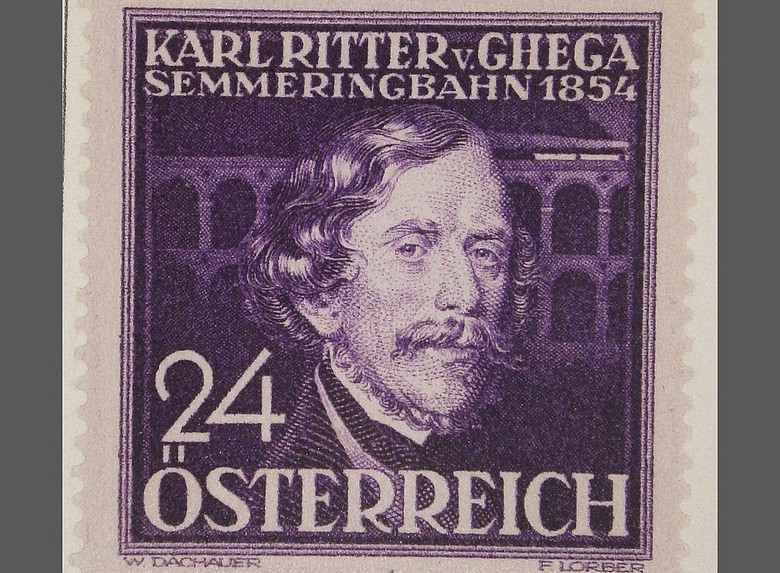 Lila Briefmarke mit der Aufschrift ‚KARL RITTER v. GHEGA SEMMERINGBAHN 1854‘. Unten steht ‚24 ÖSTERREICH‘. Im Hintergrund ist ein Viadukt mit Rundbögen abgebildet. 