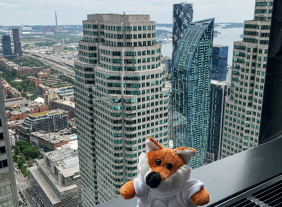 Sowi-Fuchs genießt den Ausblick von der 54. Etage im TD Bank Tower. ©Michaela Tasotti, Uni Graz