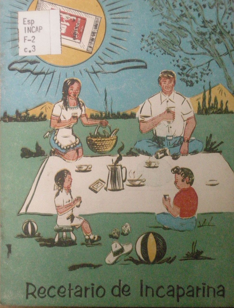 Werbe-Illustration des Ersatz-Produktes "Incaparina". Eine Frau, ein Mann und zwei Kinder trinken Incaparina bei einem Picknick auf einer Wiese. Am unteren Rande des Bildes stehen die Worte "Recetario de Incaparina" 