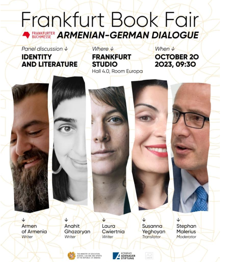Poster zur Podiumsdiskussion im Rahmen der Frankfurter Buchmesse zum Thema "Identität und Literatur" am 20.10.23 