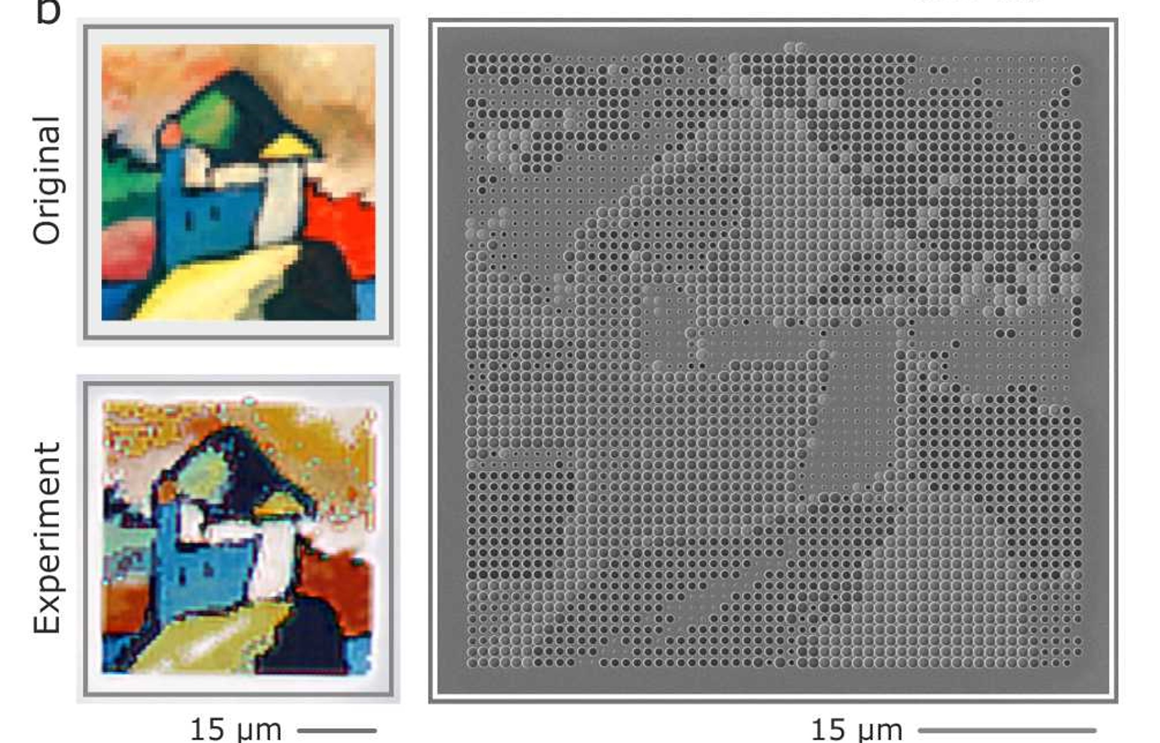 Comparison of a detail in Kandinski's original and its microscopic replication next to an SEM image of the structure. - Image: University of Stuttgart/Mario Hentschel 