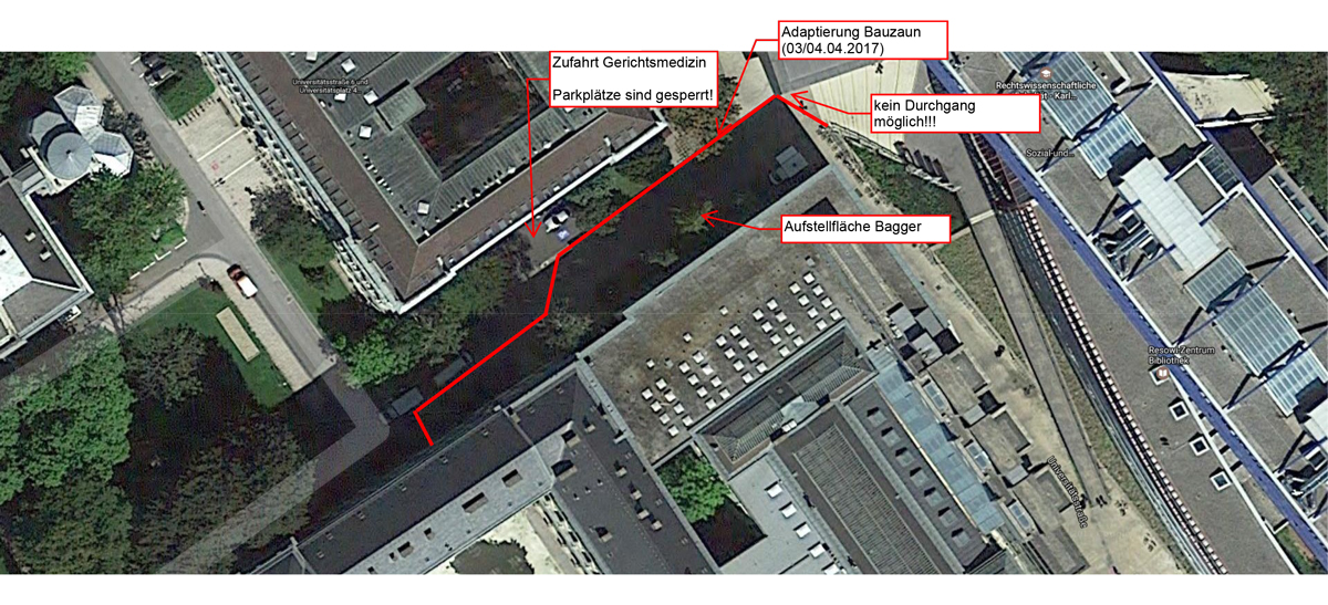 Großräumige ausweichen: Das RESOWI-Zentrum ist an diesen Tagen nur über die Heinrichstraße oder über die Schubertstraße erreichbar. Foto: Uni Graz/Fink. 