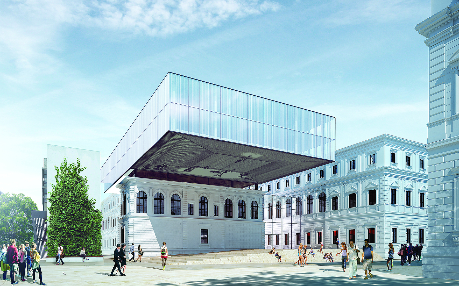 Modern, erweitert und aufsehenerregend: Mit Beginn des Wintersemesters 2019/2020 hat die Universitätsbibliothek Graz einen neuen, alten Standort. Rendering: BIG/Anna Artaker 