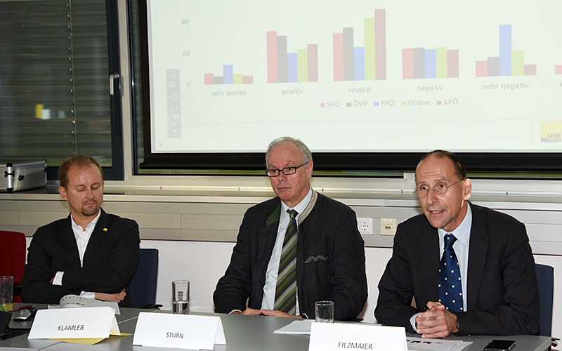 Christian Klamler, Richard Sturn und Peter Filzmaier (v.l.) präsentierten die Ergebnisse des Projekts Parallelwahl. Foto: Uni Graz/Pichler 