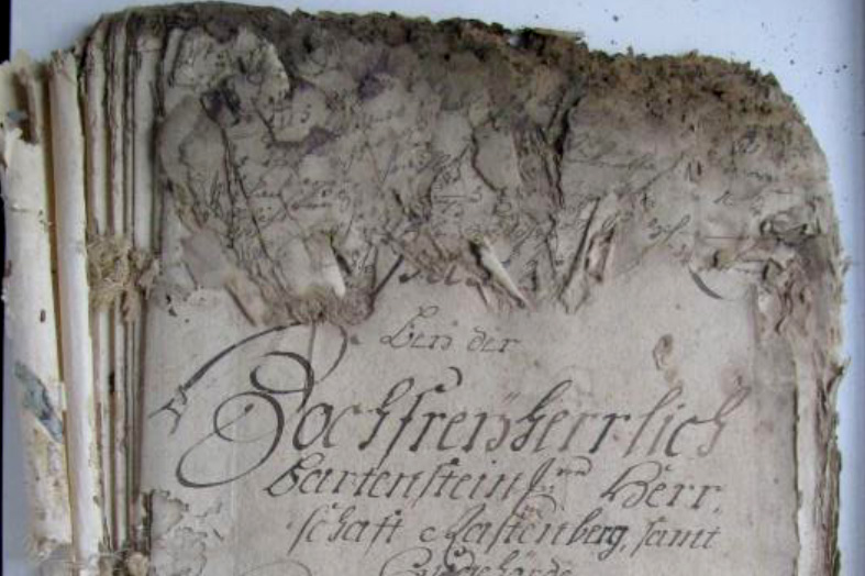 Ein durch Säureabbau beschädigtes Buch: Ein nanotechnologisches Verfahren der Uni Graz kann wertvolle Kulturgüter retten. Foto: Uni Graz/Ribitsch 