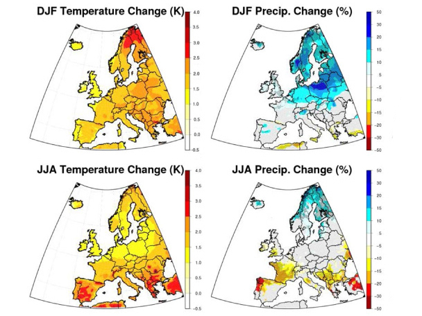 Durchschnittstemperatur (li.) und mittlere Niederschlagsmenge (re.) werden sich in Europa im Sommer (oben) und im Winter (unten) verändern, wenn die gobale Erwärmung um 2° C steigt, zeigt eine aktuelle Studie. Grafik: iopscience.iop.org 