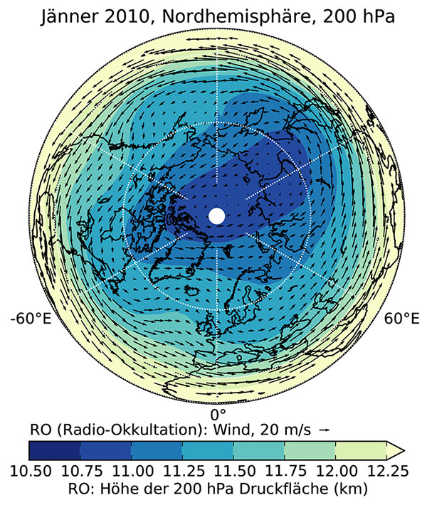 Verteilung der 200 Hektopascal (hPa)-Druckfläche im Jänner 2010 in der nördlichen Hemisphäre: In den dunkelblauen Bereichen befindet sich die Druckfläche in 10,5 bis 10,75 Kilometer Höhe, in den hellsten Zonen um den Äquator in 12,25 Kilometer Höh 