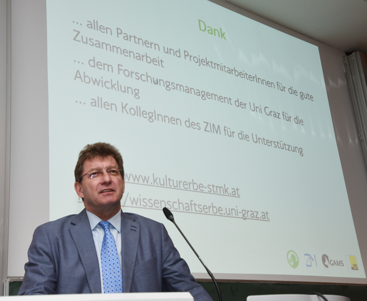 Projektleiter und Vizerektor Peter Scherrer lobte die Forschungskompetenz der Uni Graz auf dem Gebiet der digitalen Geisteswissenschaften. 