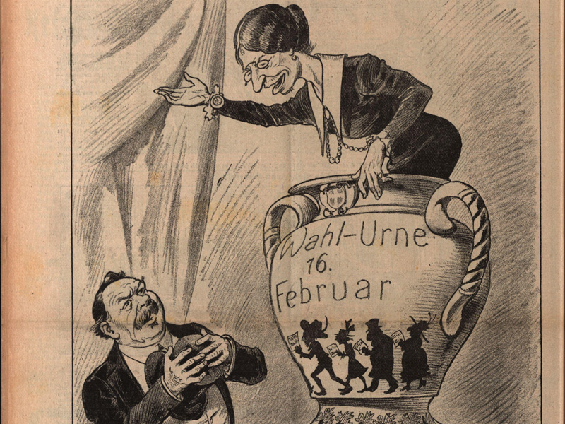 Der erste Urnengang für Frauen am 16. Feber 1919 war ein Meilenstein in der Geschichte. So sah ihm das Wiener Satiremagazin Kikeriki entgegen. Quelle: ÖNB 