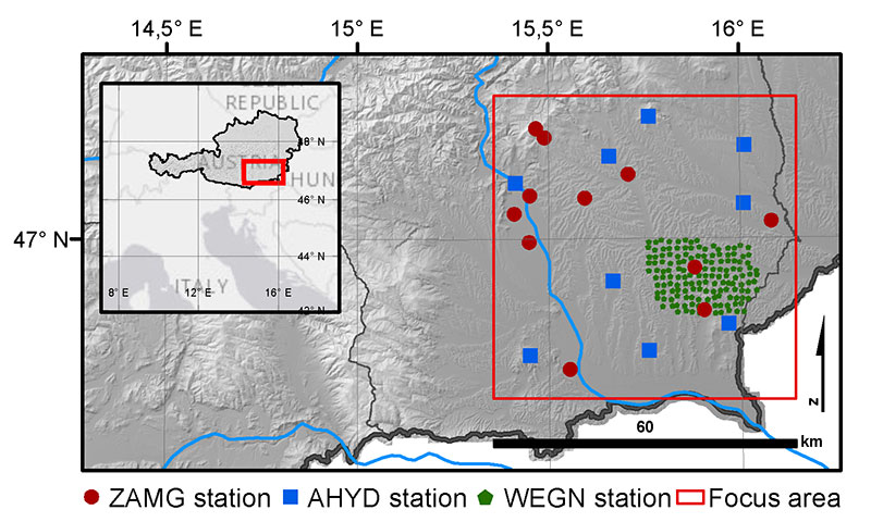 Das Untersuchungsgebiet in Südostösterreich schließt über 150 Stationen des WegenerNet Feldbachregion (grüne Punkte) sowie das umliegende Messnetz von ZAMG und Hydrografischem Dienst (AHYD) ein. Grafik: Schröer et al. GRL 2018 