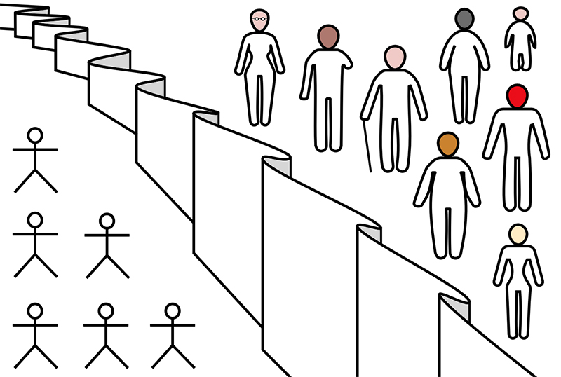 So könnte der Schleier des Nichtwissens aussehen: Menschen treffen Entscheidungen in einem "Urzustand" (links), ohne jegliche Information über ihre Identitätsmerkmale zu haben. (rechts). Foto: Wikipedia_CC0. 