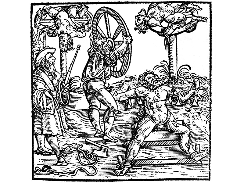 Der Holzschnitt aus der Schweizer Chronik des Johann Stumpf, Ausgabe Augsburg 1586, zeigt die Hinrichtung durch Rädern. Quelle: https://commons.wikimedia.org/wiki/File:Klassisches_Radern.png 