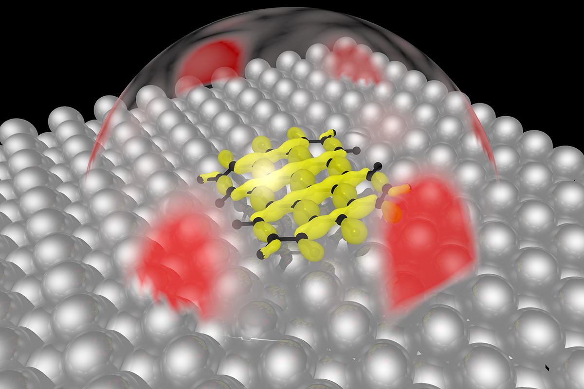 Illustration der Photoemissions-Orbital-Tomographie: Elektronen werden aus einem Sigma-Orbital (gelb) des Nanographene-Moleküls C28H14 (schwarz) herausgelöst, und deren Winkelverteilung wird gemessen (rot). Bild: P. Puschnig/Uni Graz ©Bild: P. Puschnig/Uni Graz
