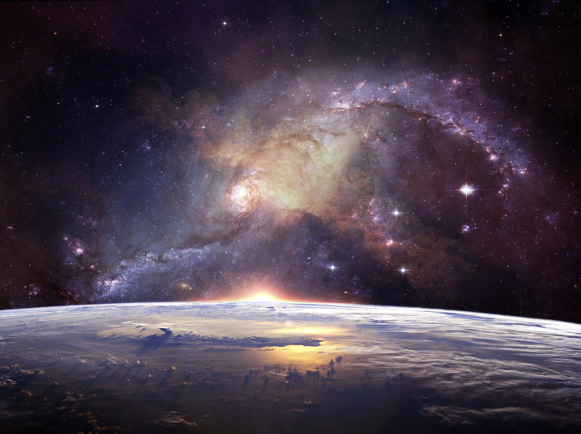 lila-gelbe Schwaden im Universum über der Erdatmosphäre 