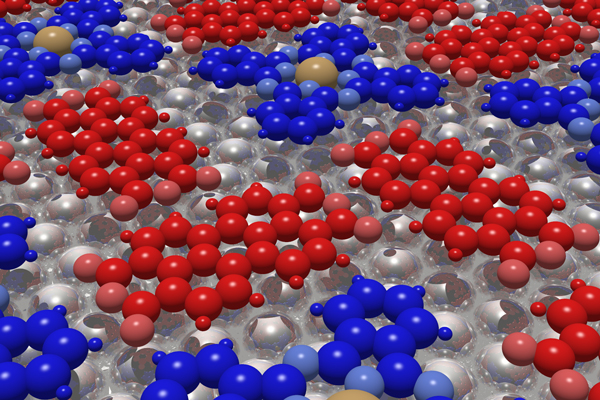 Die Moleküle PTCDA (rot) und CuPc (blau) adsorbieren auf einer Silberoberfläche. Bild: Daniel Lüftner 