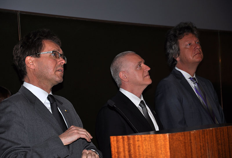 Vizerektor Martin Polaschek begrüßte die TeilnehmerInnen gemeinsam mit Med-Uni-Vizerektor Hans Peter Dimai und KUG-Vizerektor Eike Straub (v.l.). Alle Fotos: Uni Graz/Kastrun. 
