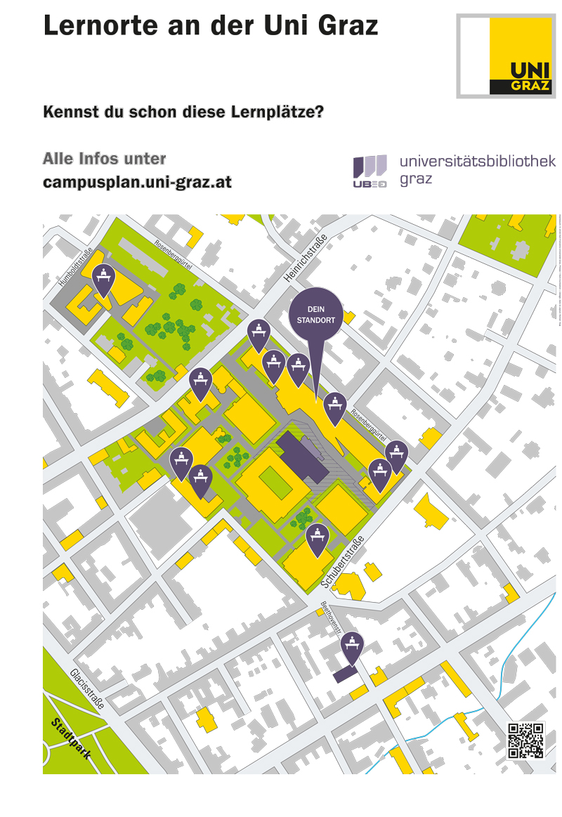 Lernplätze an der Uni Graz: Ein Plan zeigt wo sie zu finden sind. Bild: Uni Graz/Klug 