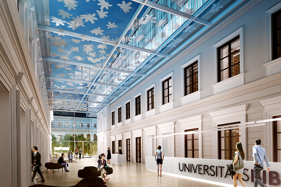 Ein Atrium verbindet künftig Hauptgebäude und Bibliothek. Visualisierung © Atelier Thomas Pucher ZT GmbH 