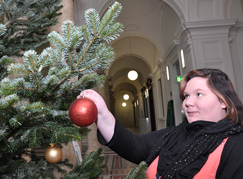 Jedes Jahr wird der Christbaum an der Uni Graz liebevoll geschmückt. Er stimmt MitarbeiterInnen und Studierende auf die Weihnachtszeit ein 