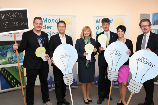 Ziehen auch beim Thema Bildung an einem Strang: Projektleiter Kubin, Stadtrat Hohensinner, Uni-Graz-Rektorin Neuper, TU-Graz-Rektor Kainz, Bürgermeisterstellvertreterin Schröck und Landesrat Drexler (v.l.) Foto: HTU Graz / Konstantinov 