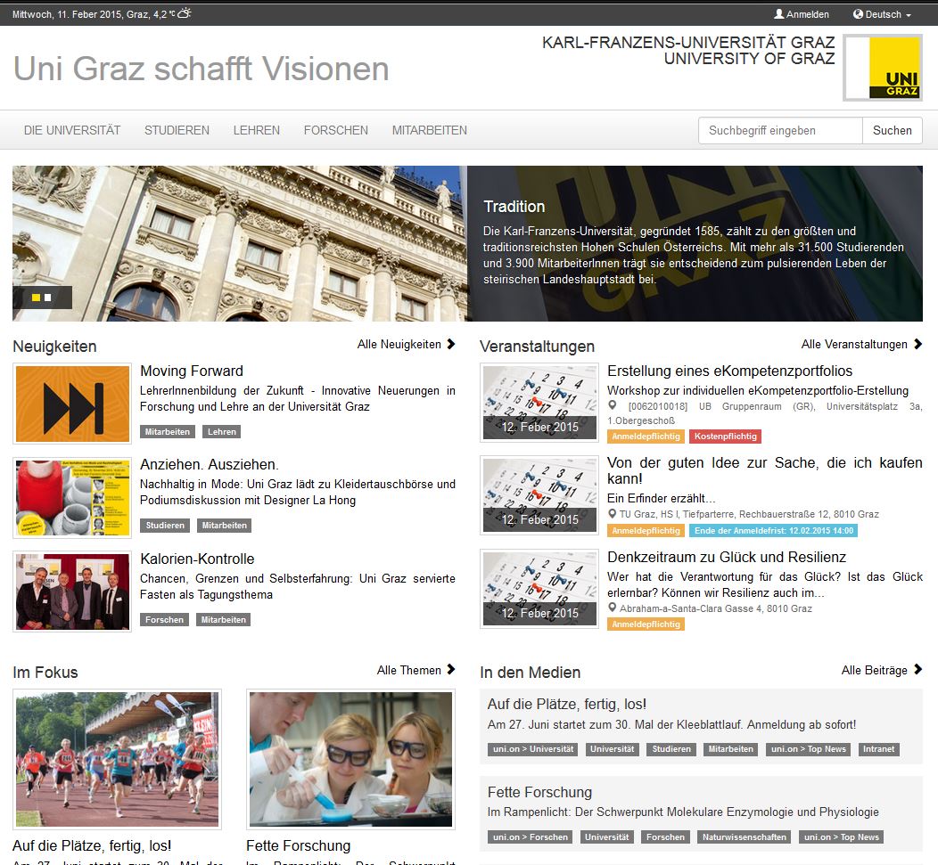 Die Startseite im modernisierten Layout, ab Montag auch auf dem Smartphone und Tablet bequem lesbar. Foto: Uni Graz 