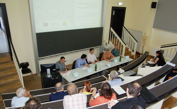 Diskussion von Theoretikern und Experimentalisten zu mathematischen Modellen an der Uni Graz. 