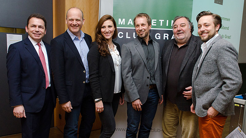 V.l.:Prof. Thomas Foscht (Institut für Marketing, Uni Graz), Herwig Straka, Mirna Jukic, Gerhard Tschakert, Werner und Nikolaus Grissmann 