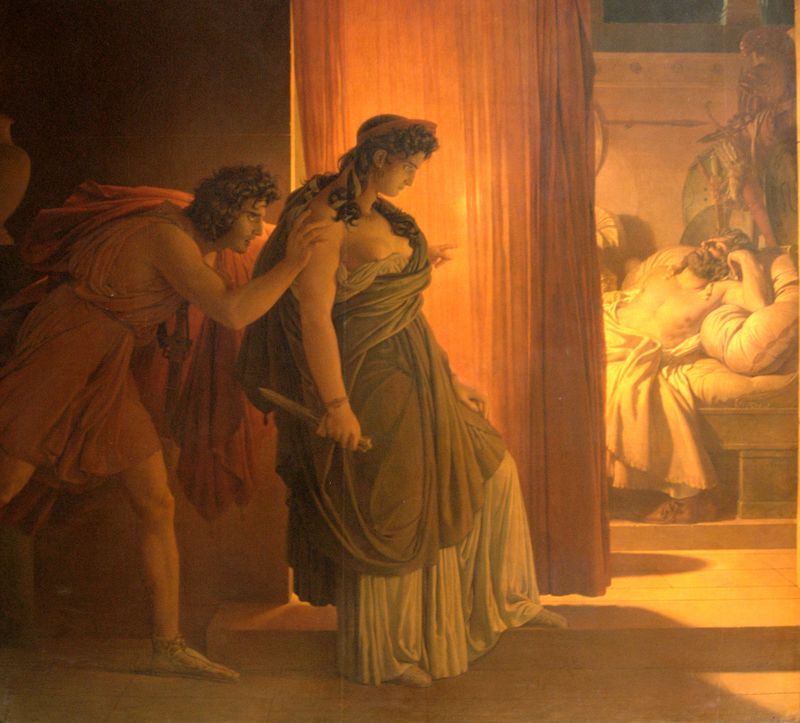 Eine Version der Geschichte: Klytemnestra zögert, ihren schlafenden Mann Agammemnon zu töten. Ihr Liebhaber Aegisthus drängt sie zu der Tat. Foto: Original-Gemälde von Pierre-Narcisse Guérin, Wikimedia Commons. 