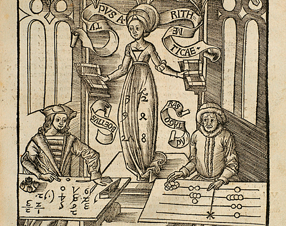 Die Wissenschaft zwischen Alt und Neu: Pythagoras (rechts) praktiziert noch das alte Rechensystem mit dem römischen Abakus, während der moderne Boethius (links) bereits mit arabischen Ziffern arbeitet. Er braucht keine Hilfsmittel mehr, nur die Schreibf 