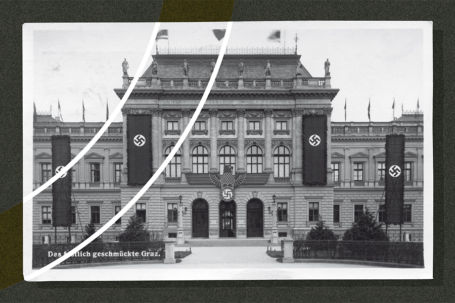 Im Frühjahr 1938 wurde das Hauptgebäude der Universität Graz mit NS-Fahnen beflaggt. Foto: Sammlung Kubinzky 