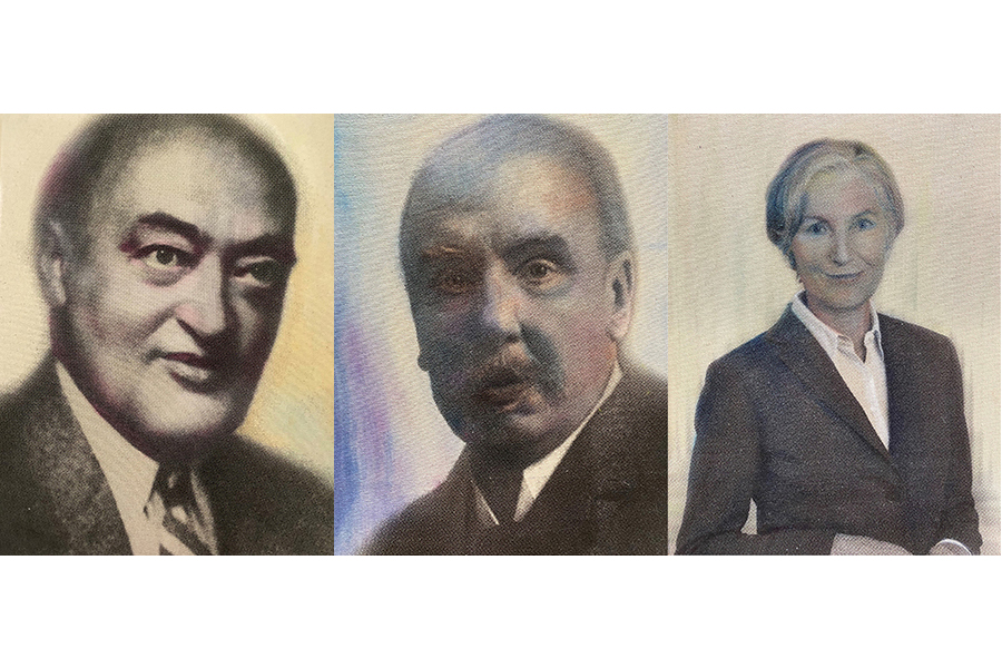 Joseph Schumpeter, Hans Gross und Irmgard Griss (v.l.), wie sie von den Künstlerinnen Veronika Sengstbratl, Nina Kern und Ophelia Reuter portraitiert wurden. 