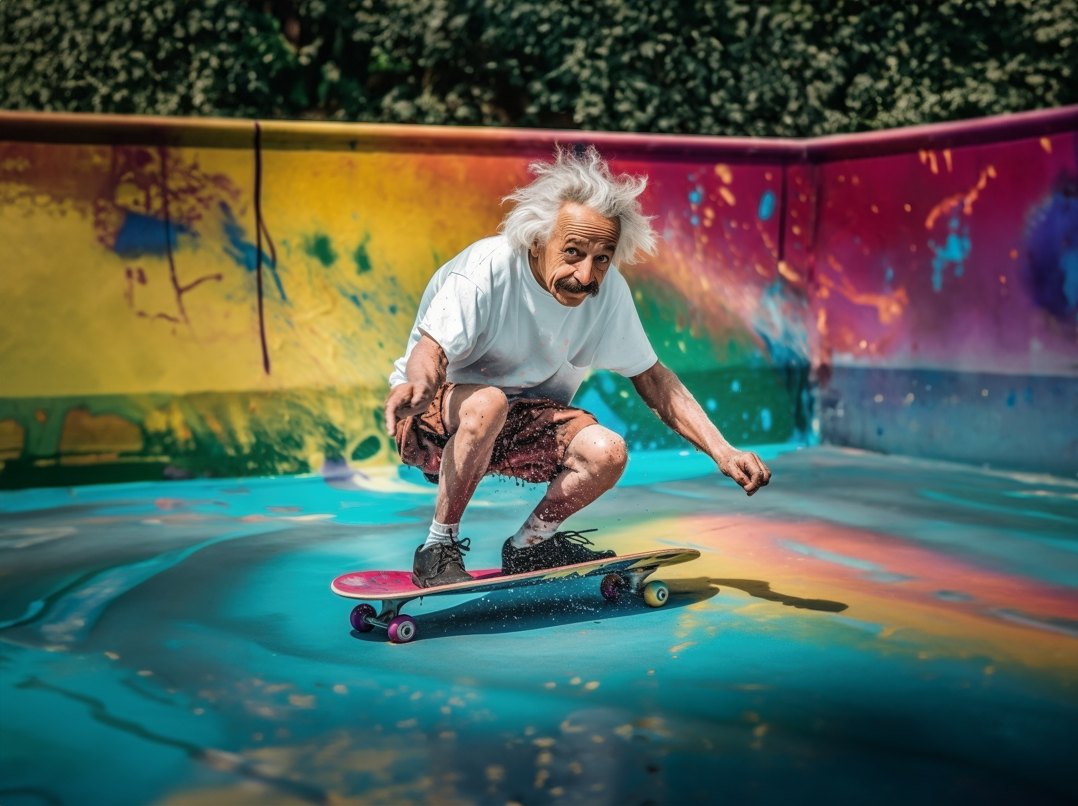 Einstein in T-Shirt und Shorts auf Skateboard vor buntem Hintergrund 