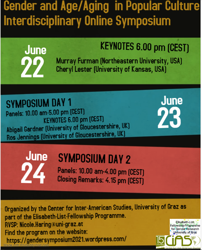 Titel oben: Gender and Age/Aging in Popular Culture. Interdisciplinary Online Symposium. Darunter auf drei färbigen Streigen grob das Programm am 22., 23. und 24.6. Ganz unten: Kontaktinformationen 