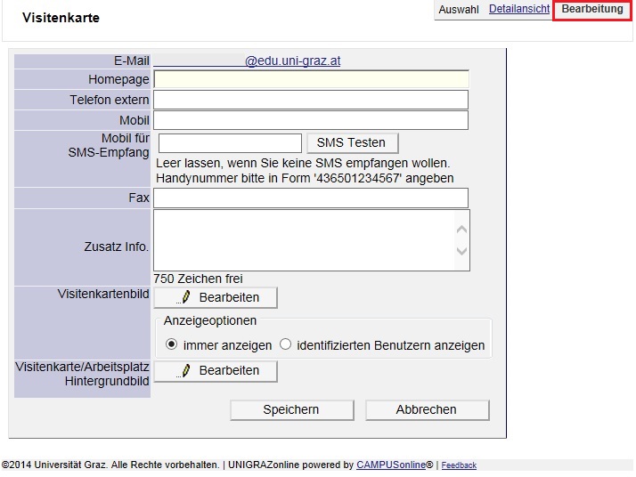 Bearbeitung Der Visitenkarte Unigrazonline