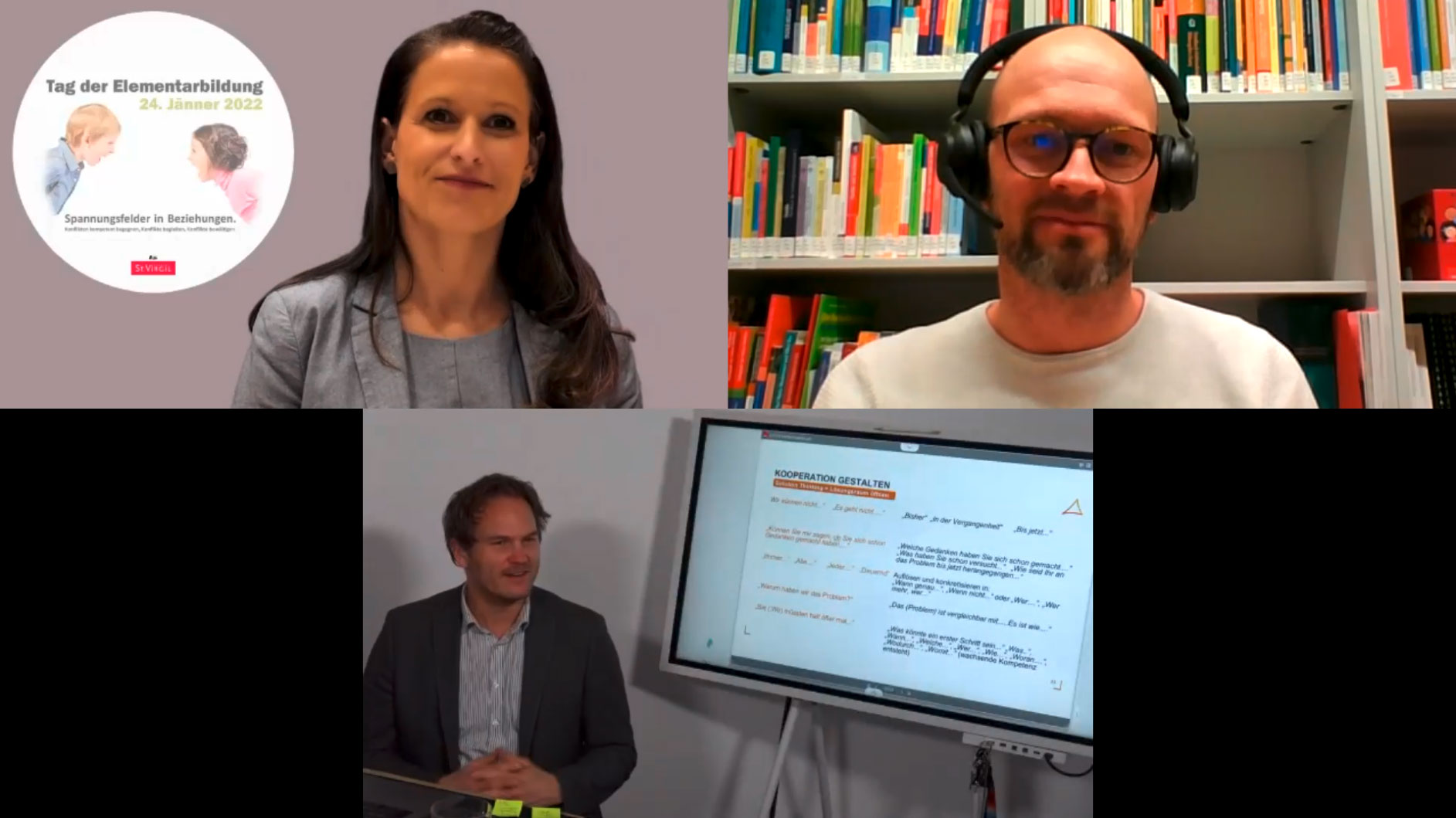 Screenshot der Videokonferenz: zu sehen sind Sarah Rückl, Dennis Epping und Christoph Burmann. 